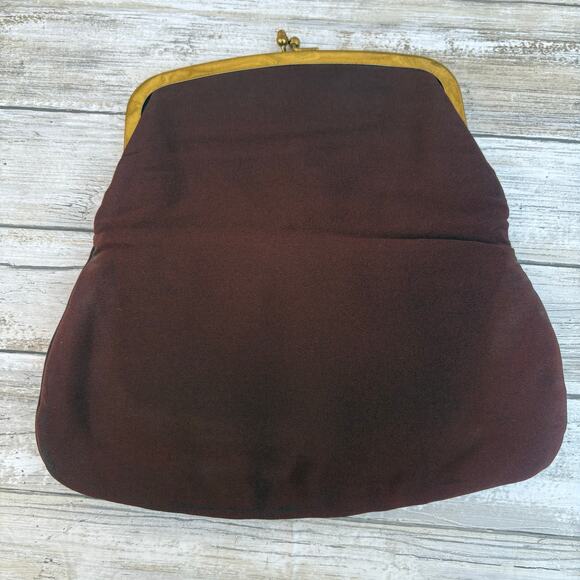 VTG 60s Garay Purse Clutch Brown Fabric Gold Flowers Rhinestone Kisslock MCM - Picture 4 of 9